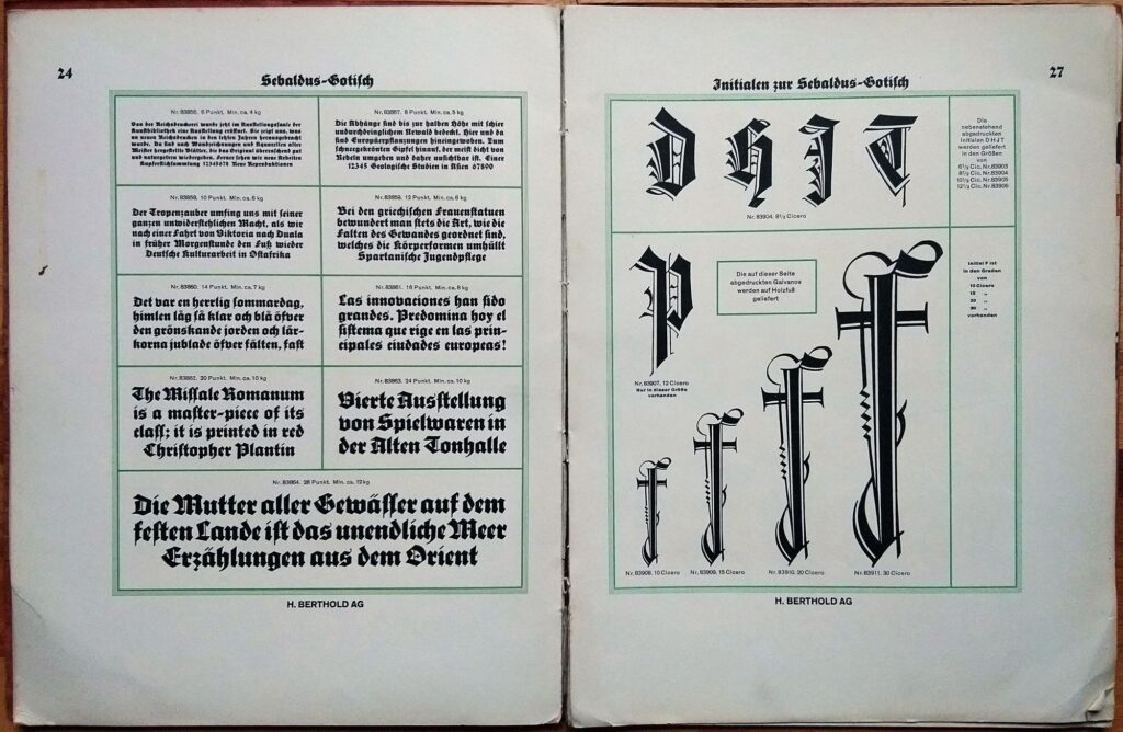 Sebaldus Gotisch und Initialen, Berthold-Probendruck. Berlin SW: H. Berthold AG, Schriftgießereien und Messinglinienfabriken, 1926