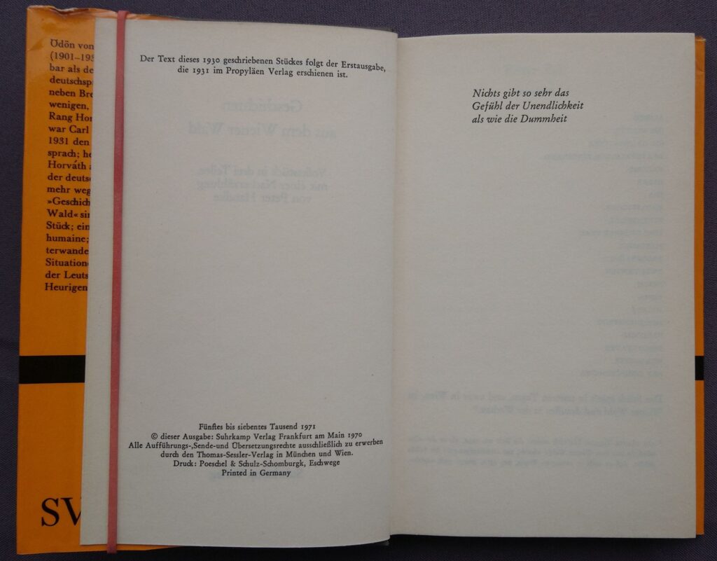 von Horváth, Ödön: Geschichten aus dem Wiener Wald. Volksstück in 3 Teilen mit einer Nacherzählung von Peter Handke, Bibliothek Suhrkamp. Bd. 247. 5.-7. Tsd. Frankfurt a.M.: Suhrkamp, 1971